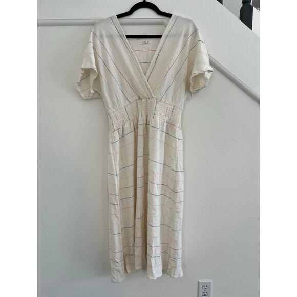 O'Neill Ivory Beige Striped Smocked Midi Dress Womens Sz Large Cottagecore Boho - Picture 1 of 15